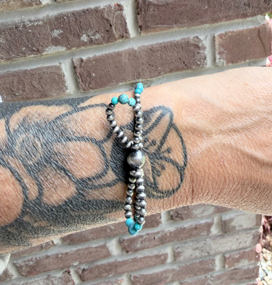 2mm Sterling Pearl and Turquoise Stretch Bow Bracelet