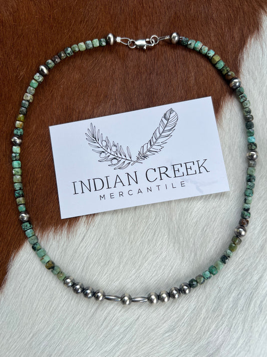 17” Turquoise Cube and Sterling Pearl Necklace