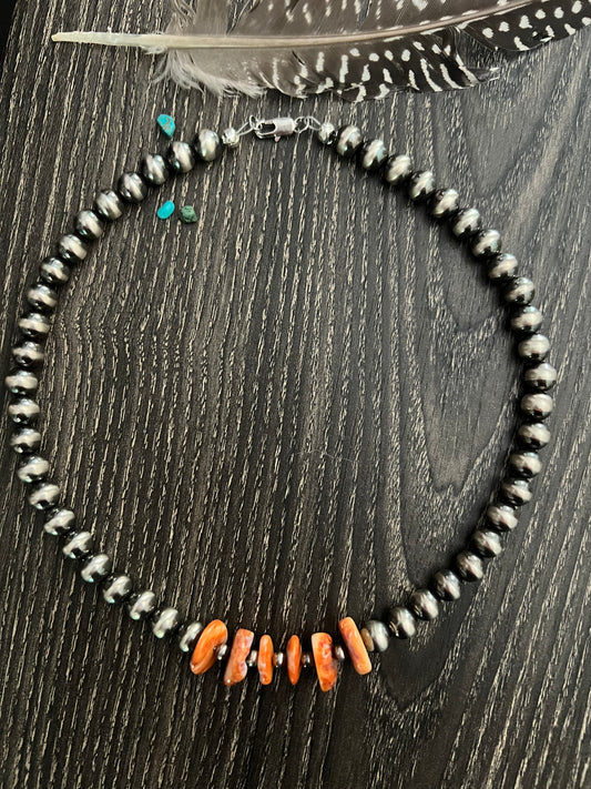 17” Orange Spiny and 8 mm and 4 mm Sterling Pearl Necklace