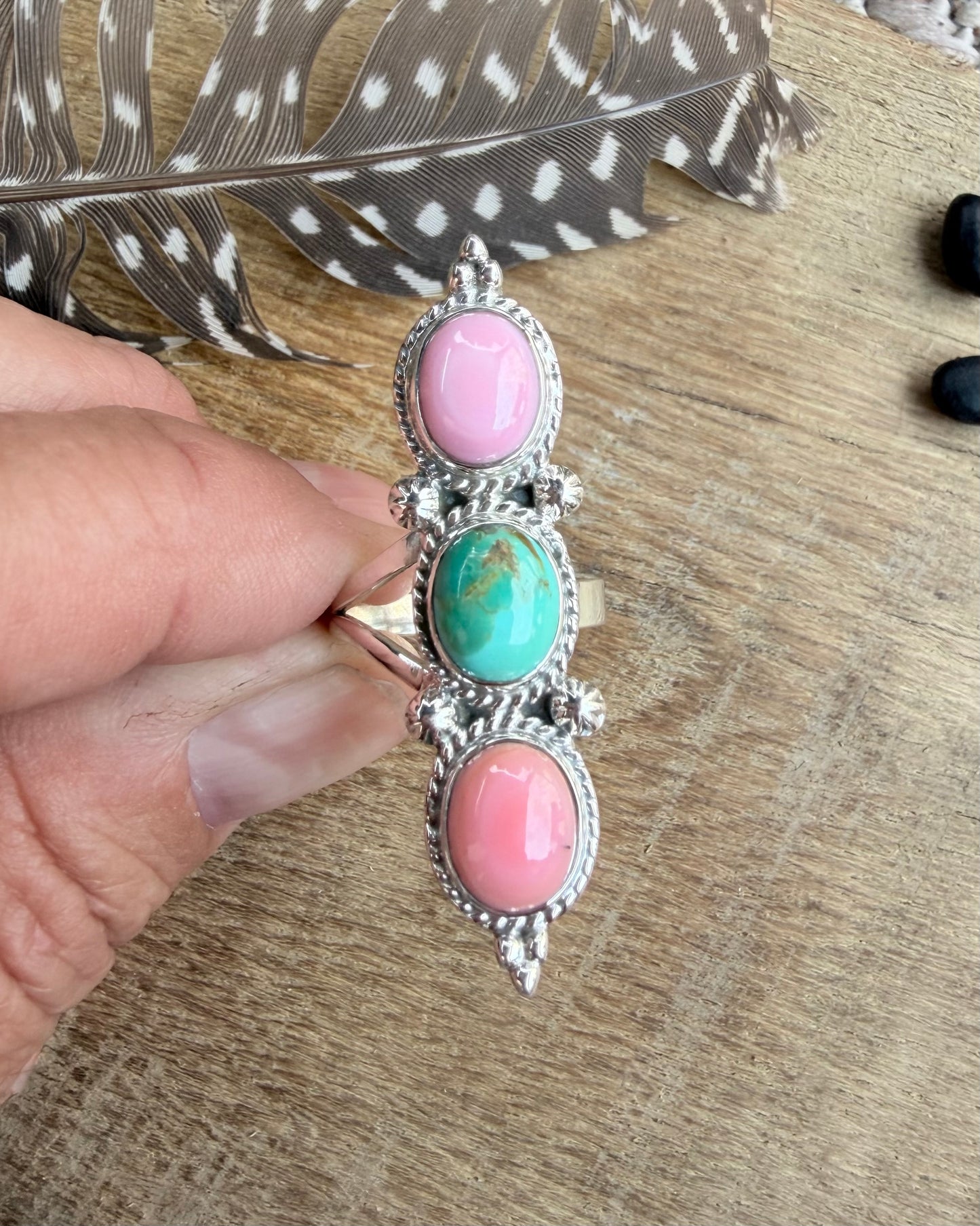Pink Conch, Pink Opal and Sonoran Gold Adjustable Ring