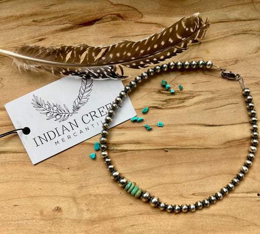 14” Sterling Pearl with Turquoise Disk Bead Choker Necklace