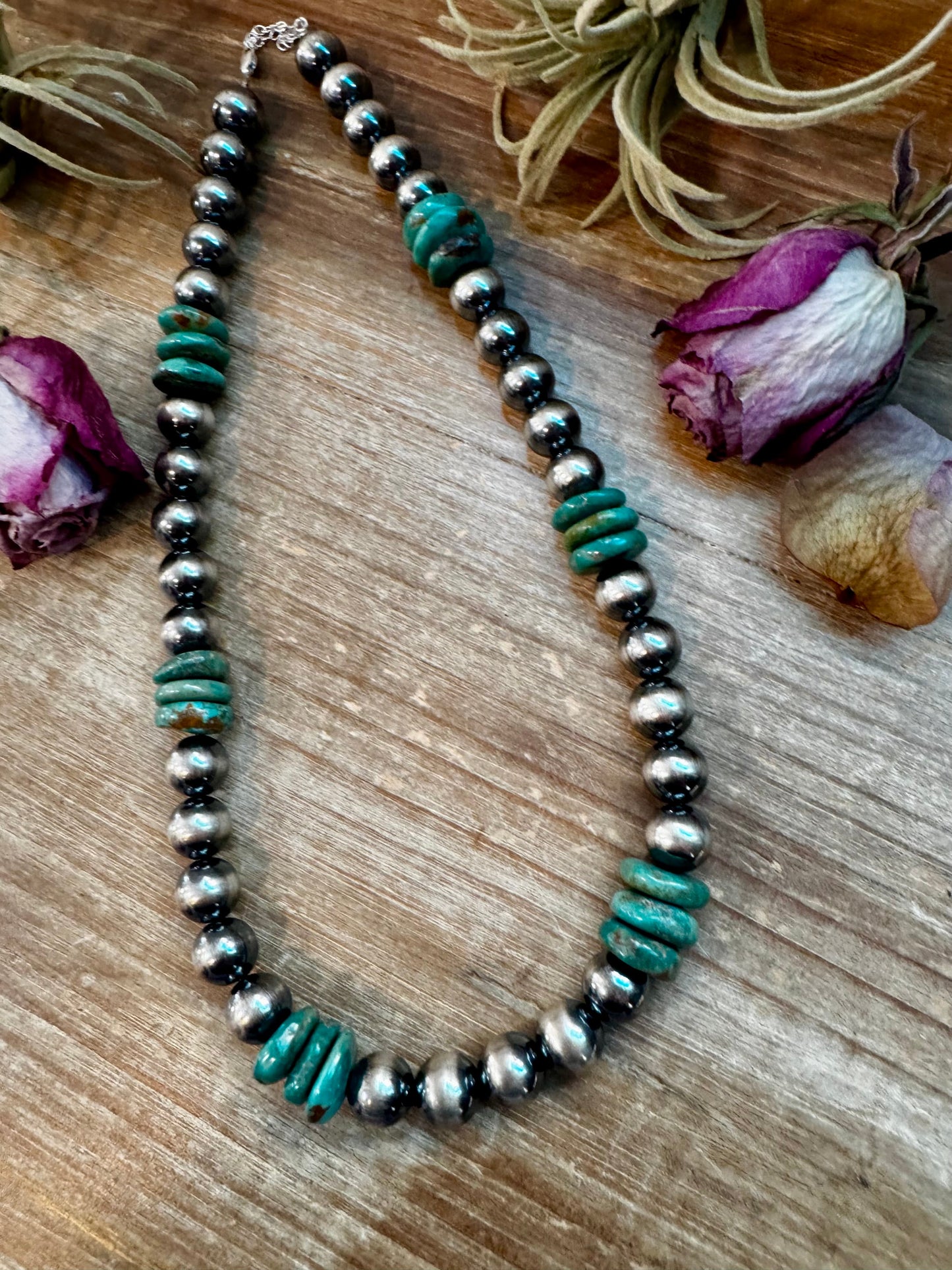 NFR Collection Necklace – 12mm Sterling Silver Pearls with 16mm Green Turquoise Rondelle – Handmade by The Bijoux FAB – 21.5"