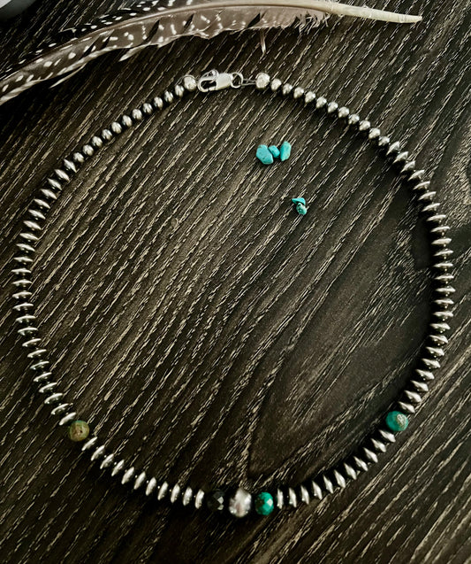 16” Saucer and Round Sterling Pearl Necklace with Turquoise Ombré Beads