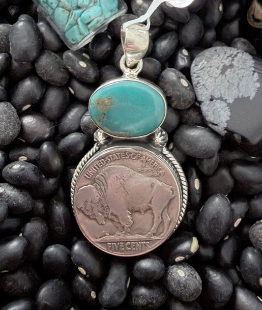 Kingman Turquoise Buffalo Nickel Sterling Pendant-80