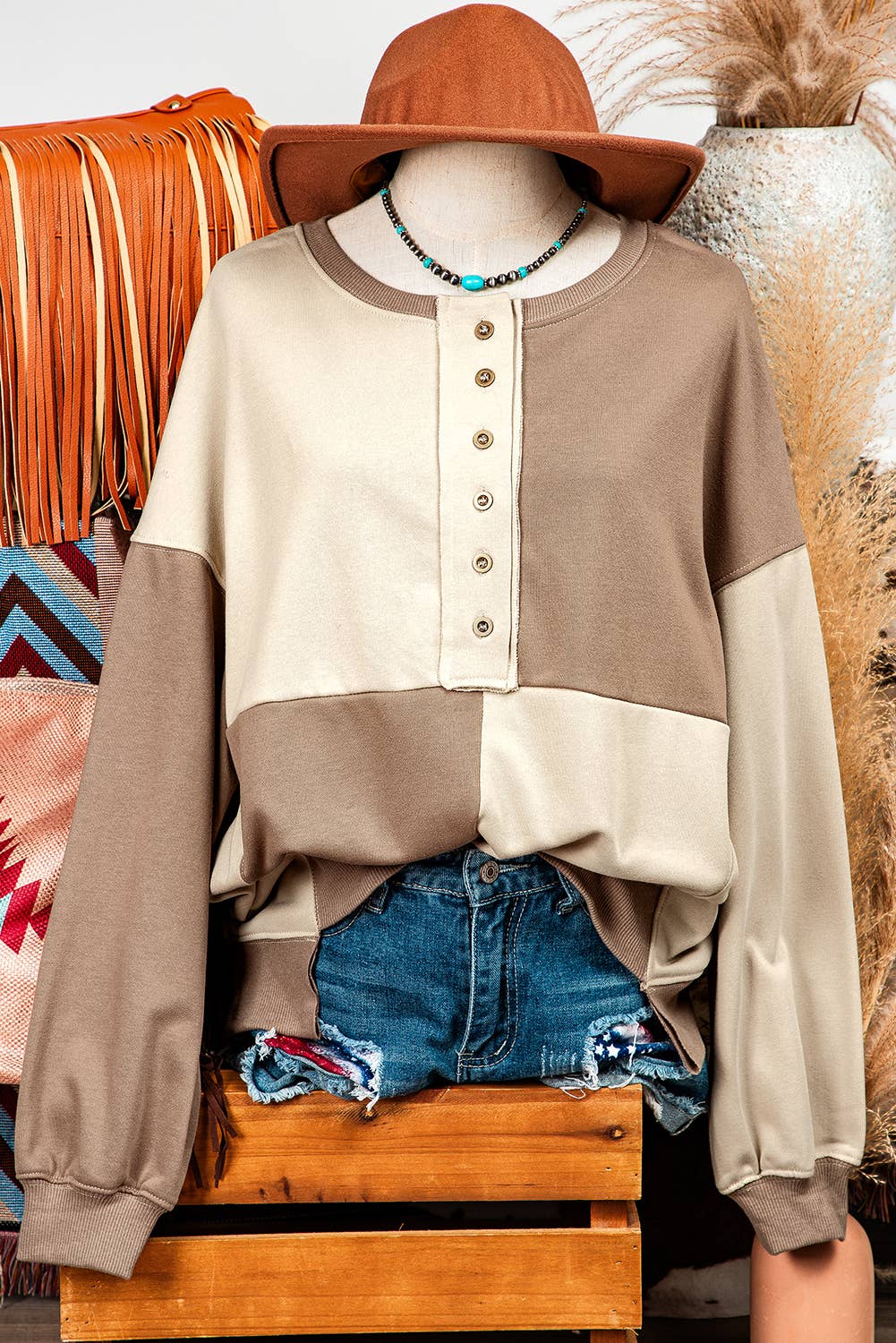 Colorblock Henley High Low Oversize Sweatshirt