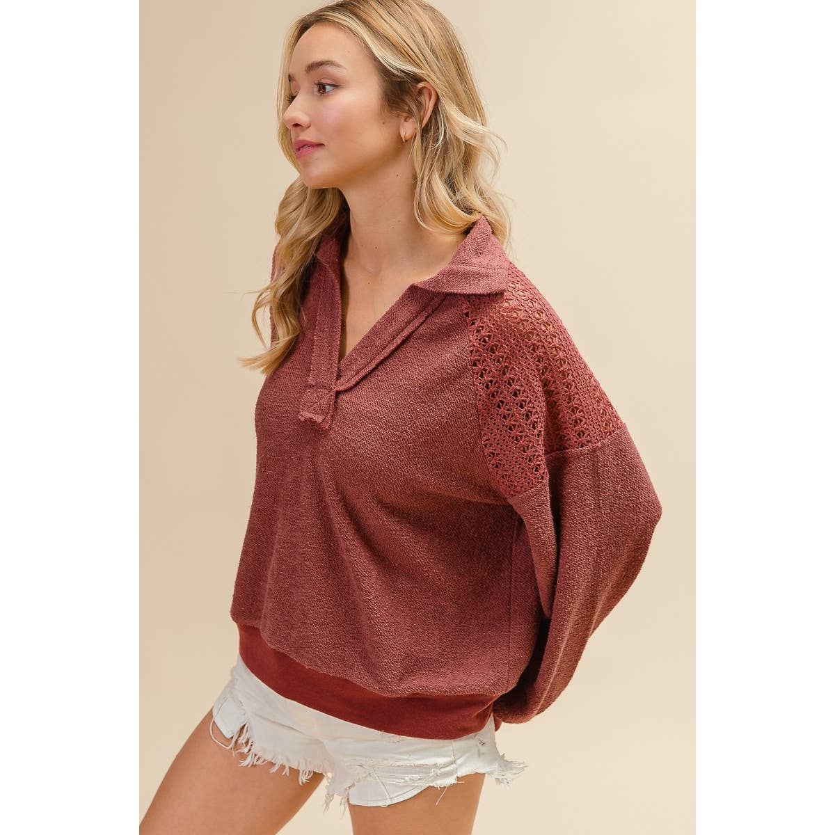 CP FRENCH TERRY LACE SHOULDER TOP