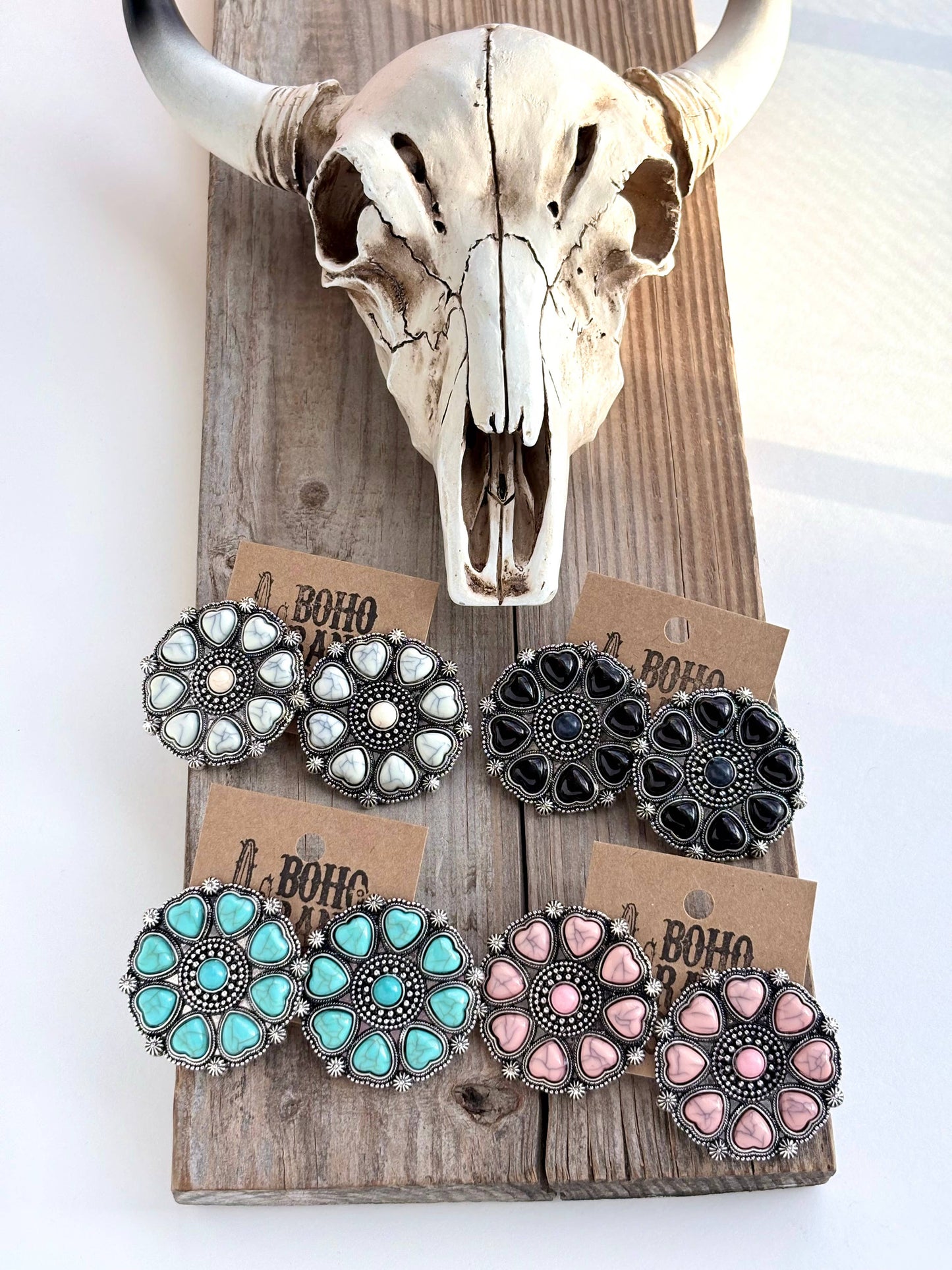 Western Style Heart Stone Concho Statement Stud Earrings