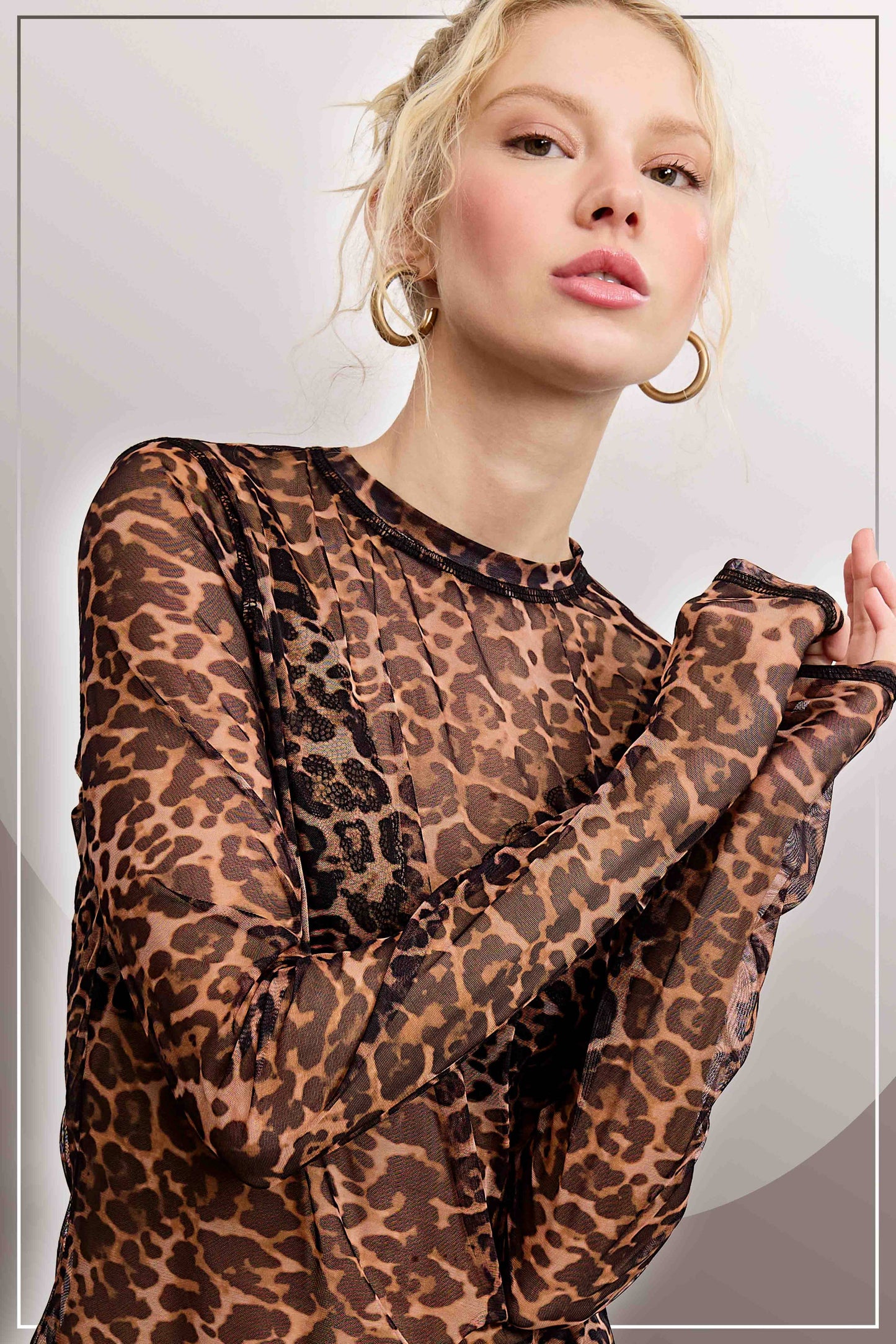 SemiSheer Leopard Crew Mock Neck Longsleeve Mesh Top