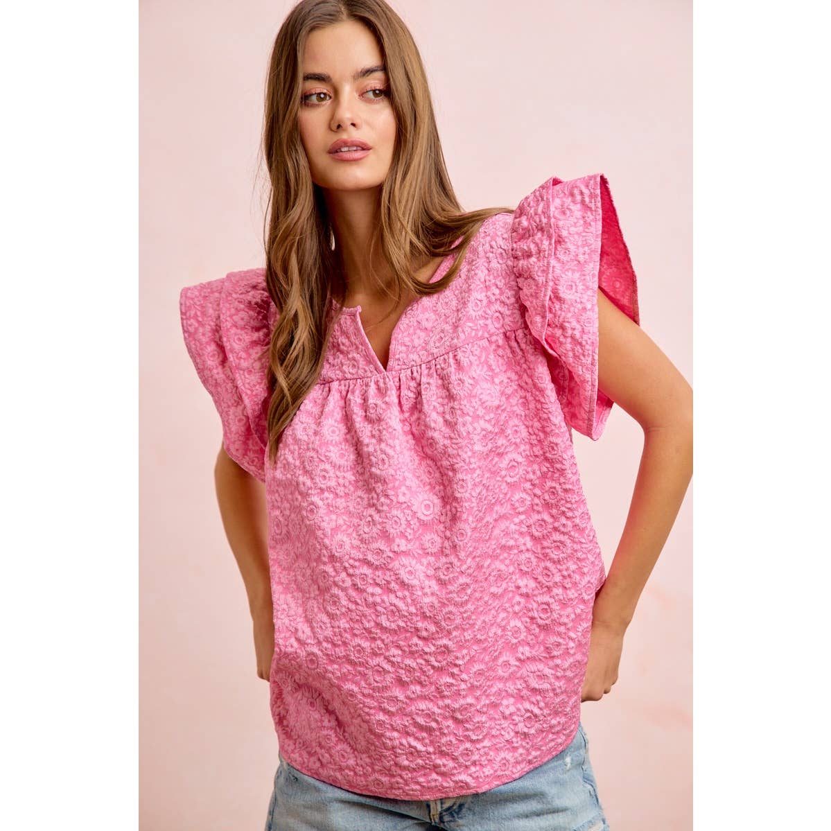 FLOWER JACQUARD RUFFLED NECK DROP BLOUSE TOP