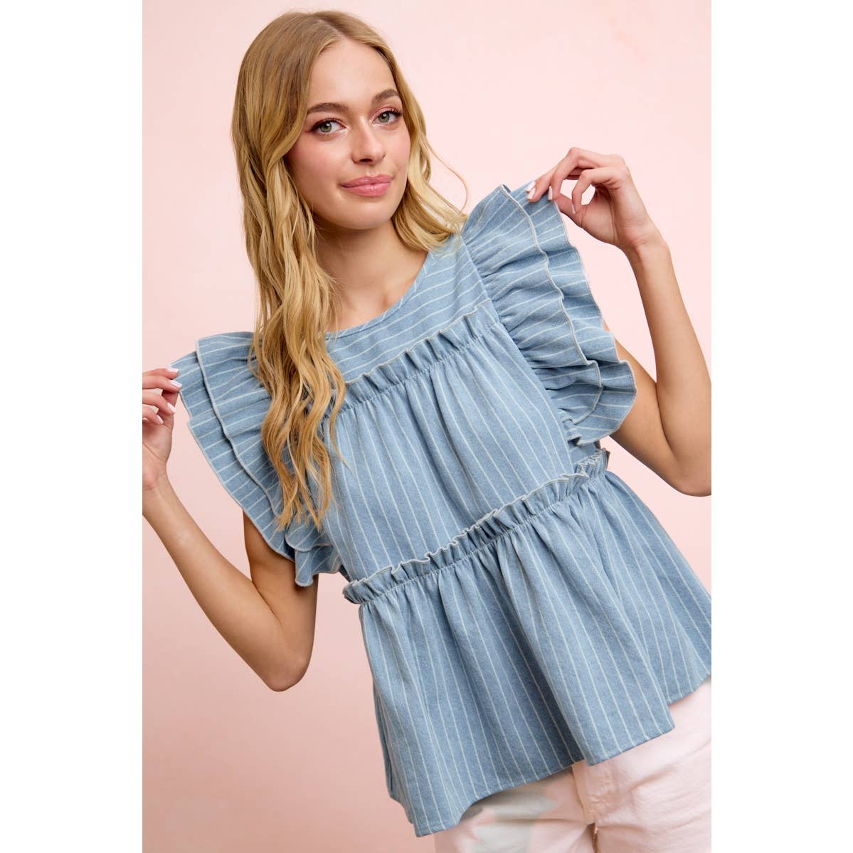 STRIPE DENIM RUFFLE SLEEVES TOP WITH BACK KEY HOLE