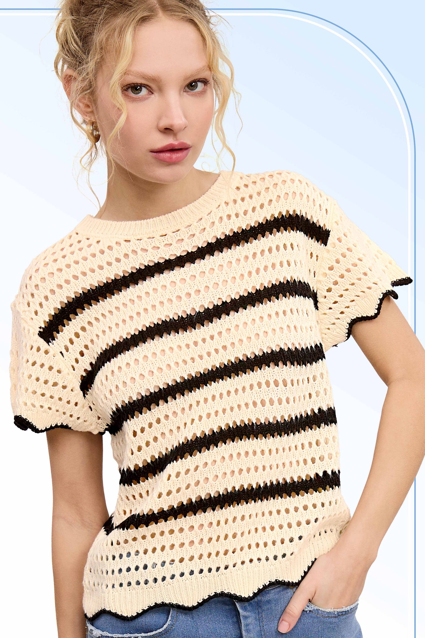 MDS3603-Round Neck Scalloped Edge Short Sleeve Sweater Easte