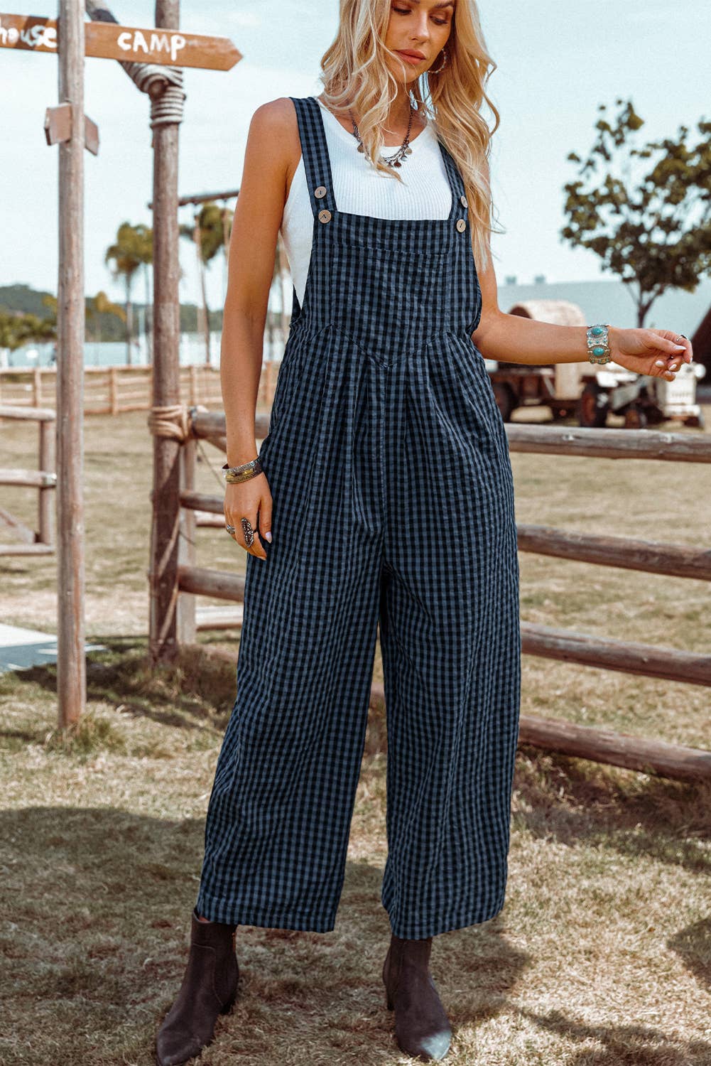 Plaid Print Buttoned Pocketed High Waist Overall