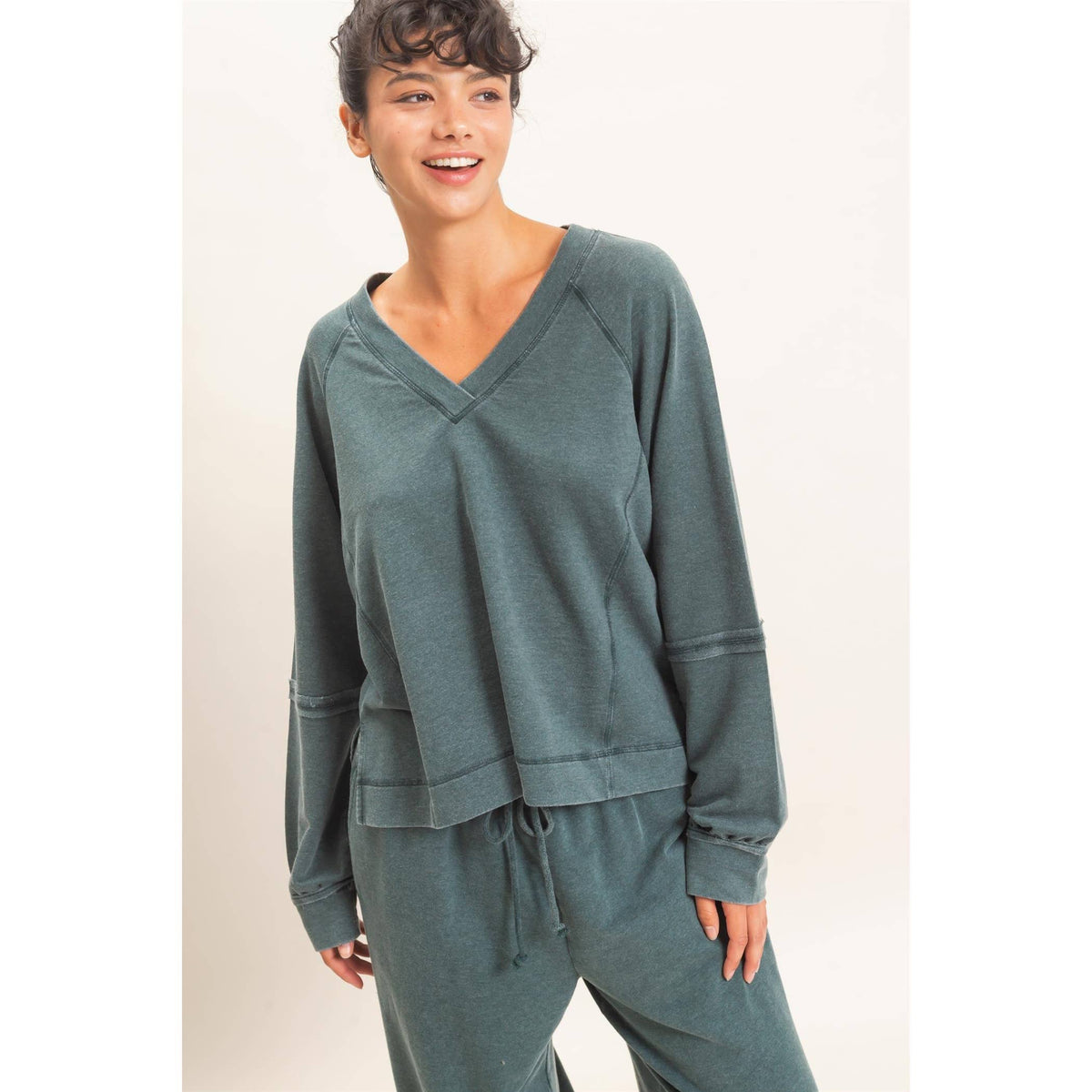 Mineral Wash V-Neck Seam Detail Sweatshirt