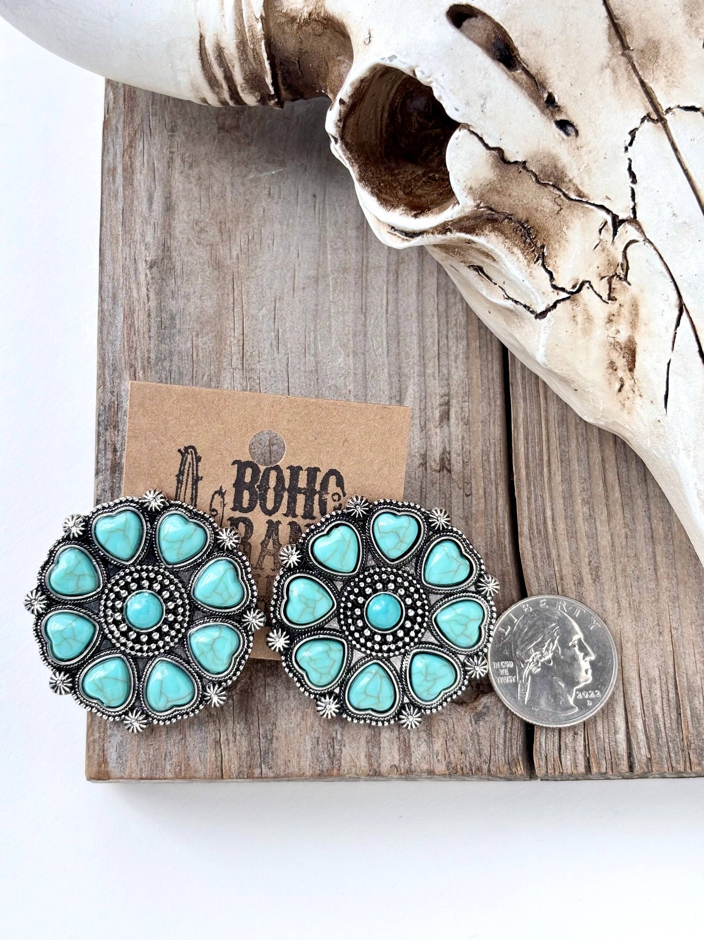 Western Style Heart Stone Concho Statement Stud Earrings