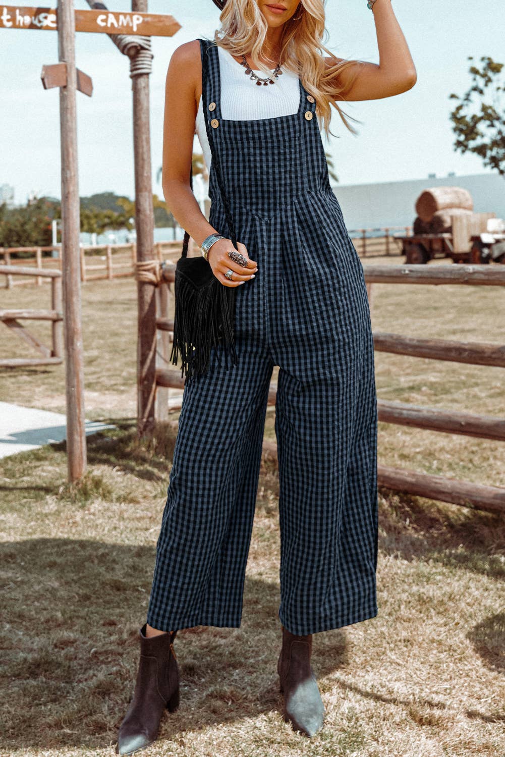 Plaid Print Buttoned Pocketed High Waist Overall