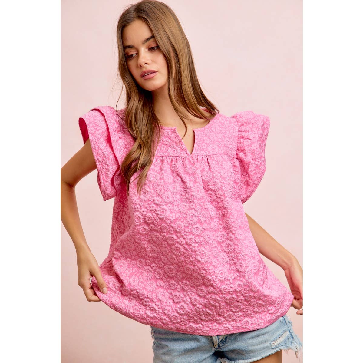 FLOWER JACQUARD RUFFLED NECK DROP BLOUSE TOP