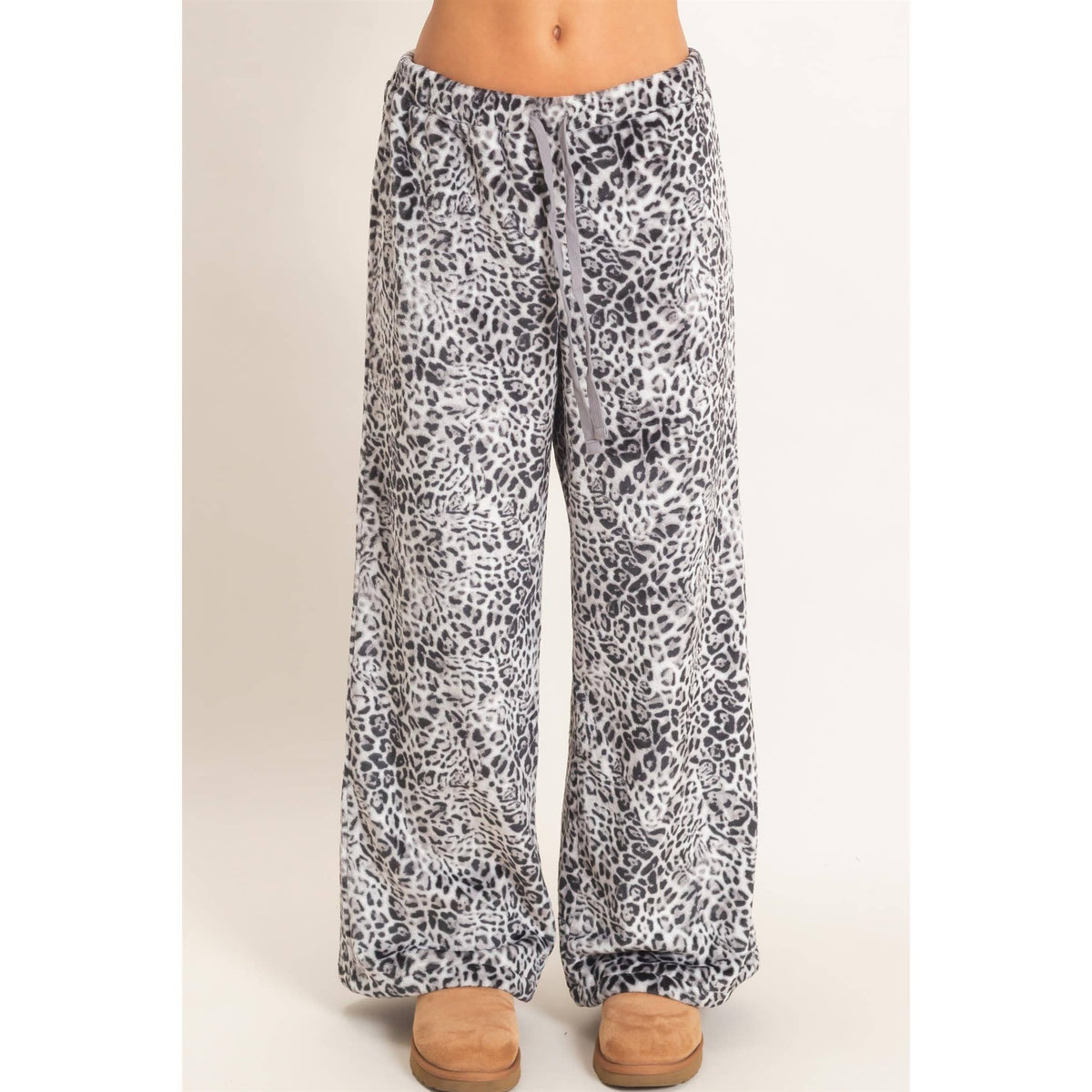 Leopard Print Fleece Wide-Leg Pants