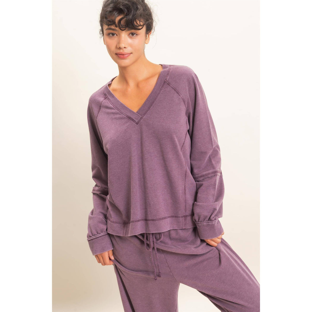 Mineral Wash V-Neck Seam Detail Sweatshirt