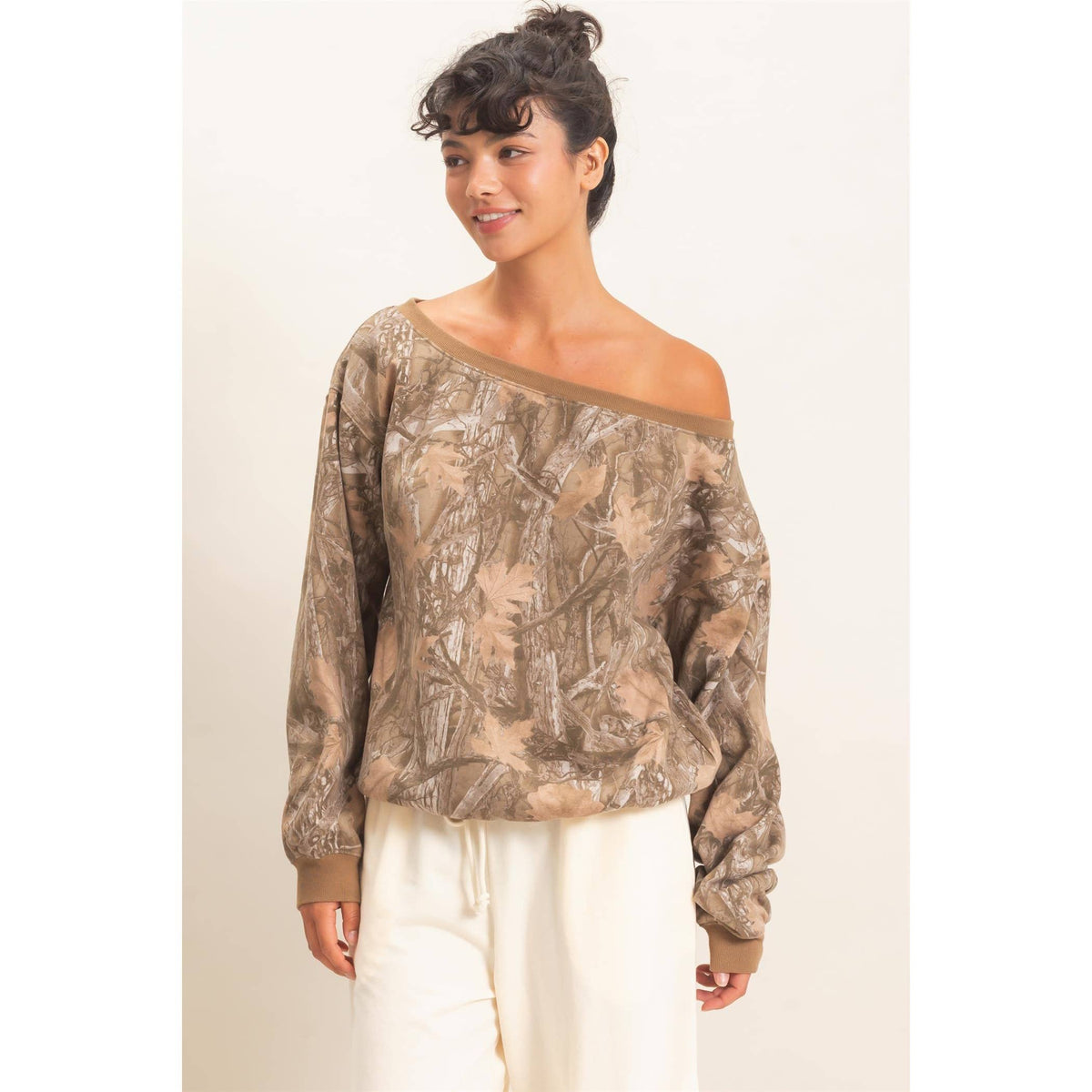 Tree Camouflage Print Off The Shoulder Sweatshirt