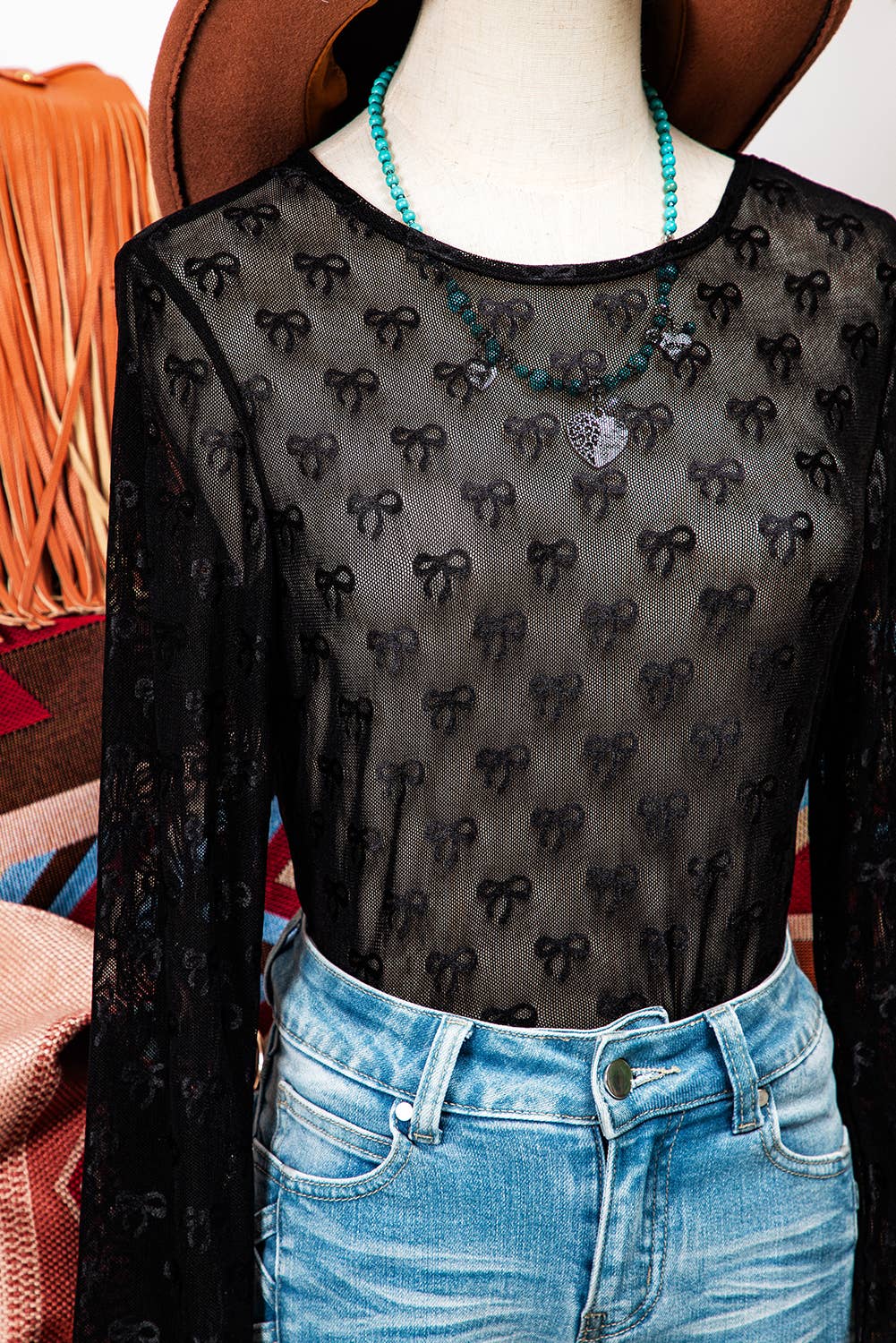 Fashion-W Mesh Bow Pattern Long Sleeve Top