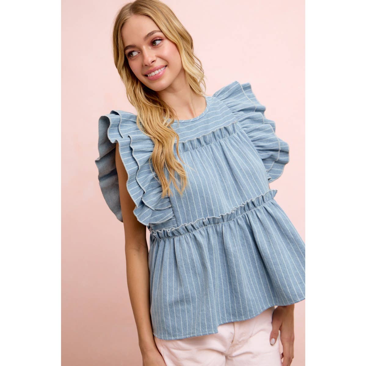 STRIPE DENIM RUFFLE SLEEVES TOP WITH BACK KEY HOLE