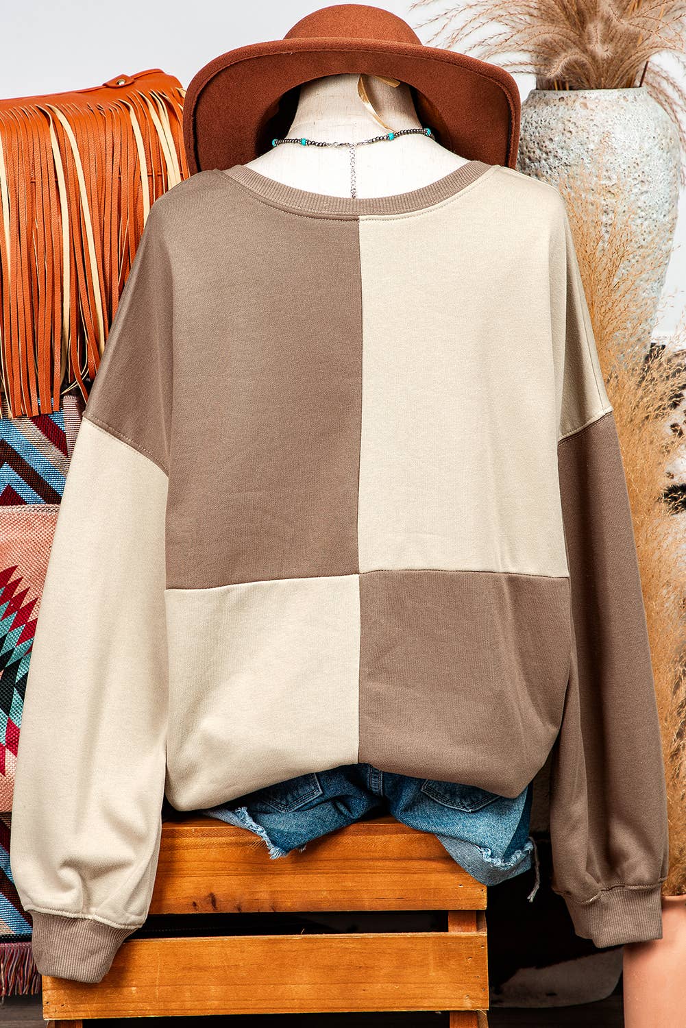 Colorblock Henley High Low Oversize Sweatshirt