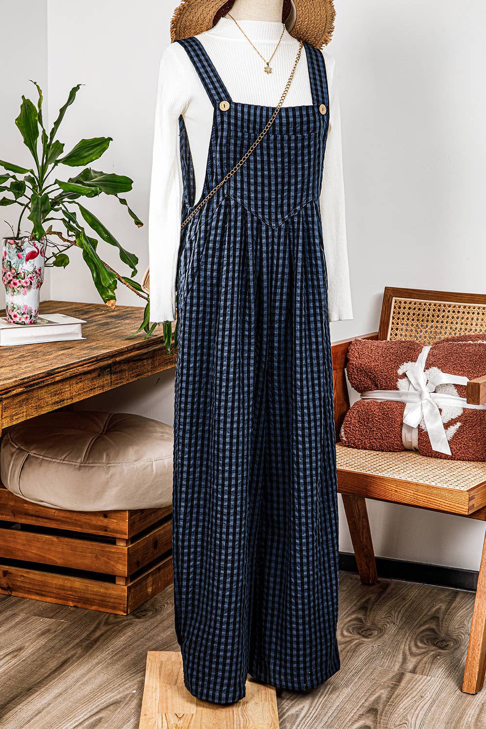 Plaid Print Buttoned Pocketed High Waist Overall