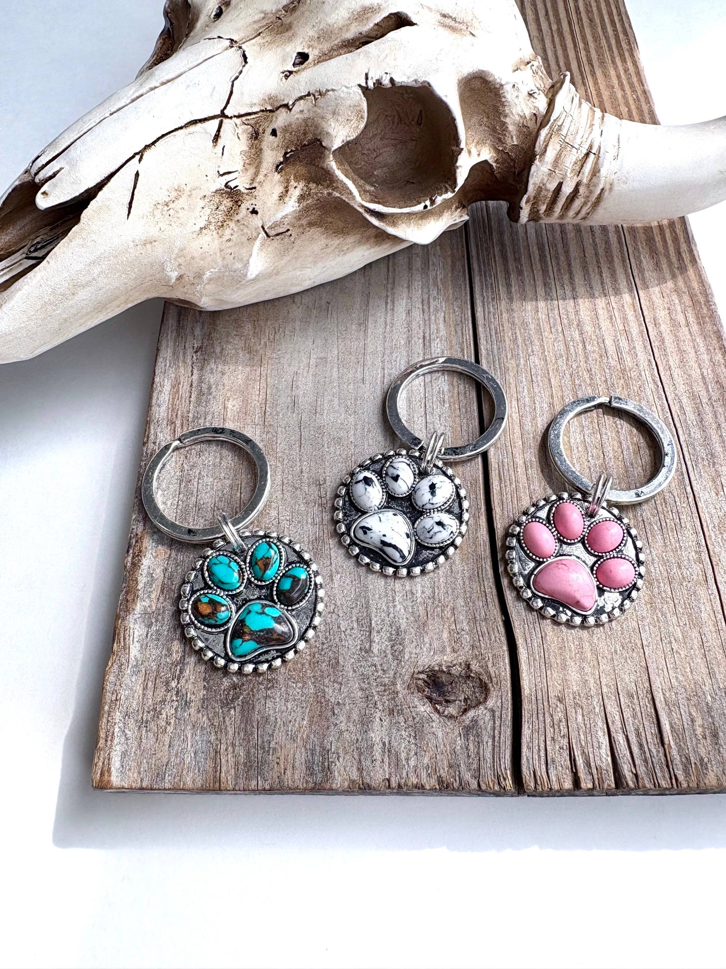 Dog Paw Stone Round Metal Pendant Keychain