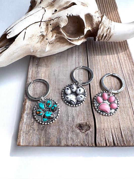 Dog Paw Stone Round Metal Pendant Keychain