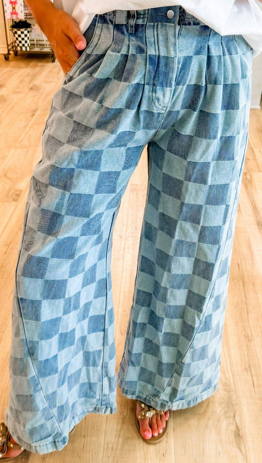 Checkered Denim Wide Leg Jeans