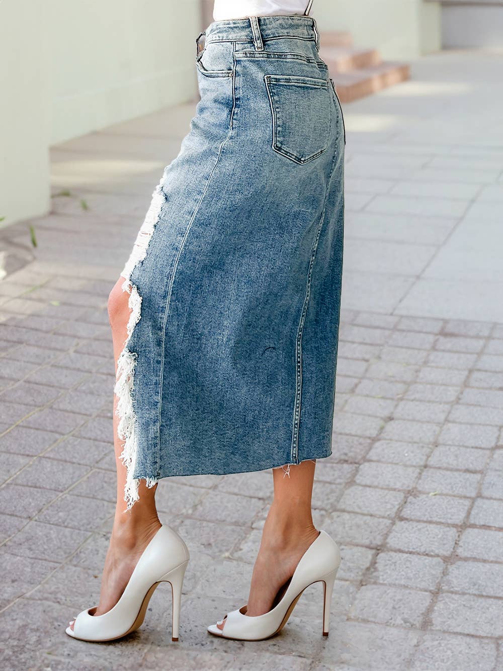 Irregular Distressed Bottom Denim Midi Skirt