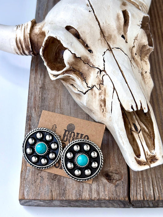 Round Western Concho with Turquoise Stone Stud Earrings