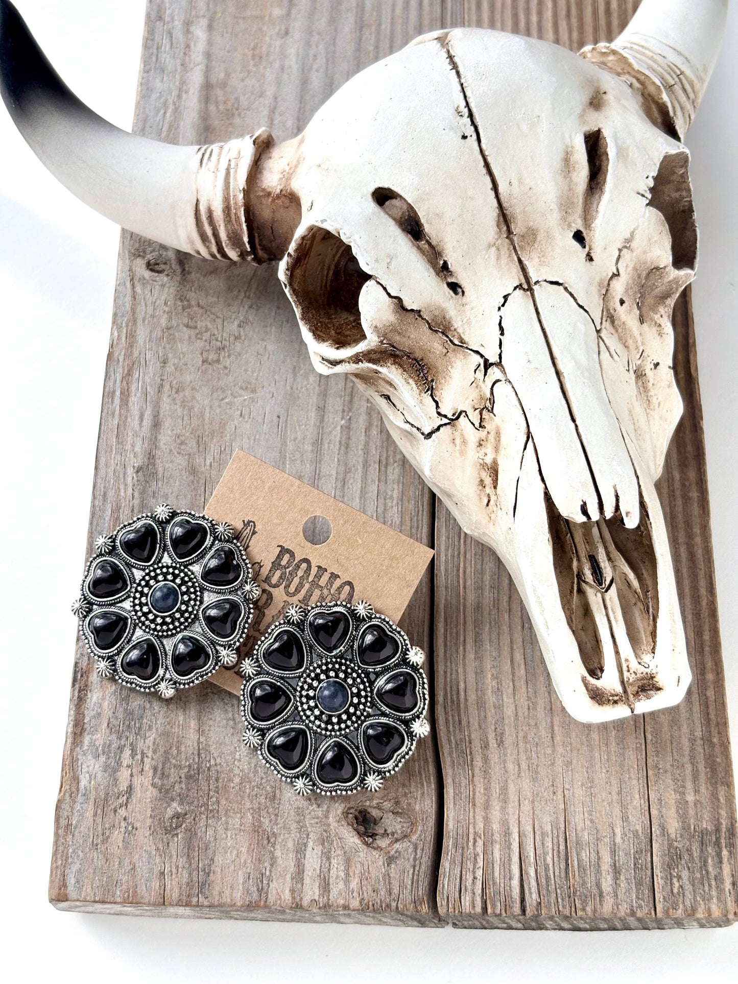 Western Style Heart Stone Concho Statement Stud Earrings