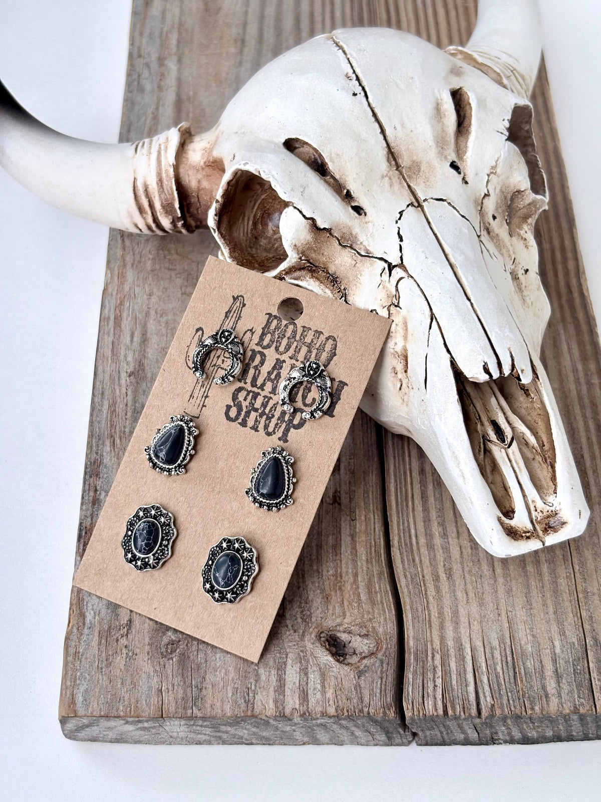 3 Set of Western Style Turquoise Stone Concho Stud Earrings