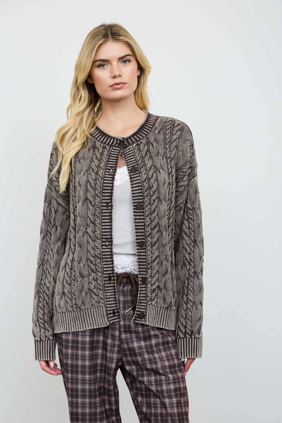 WASHED PATTERN CABLE KNIT BUTTON DOWN CARDIGAN