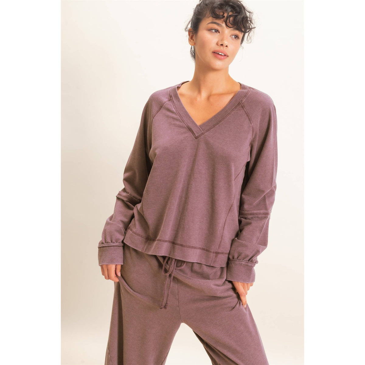 Mineral Wash V-Neck Seam Detail Sweatshirt