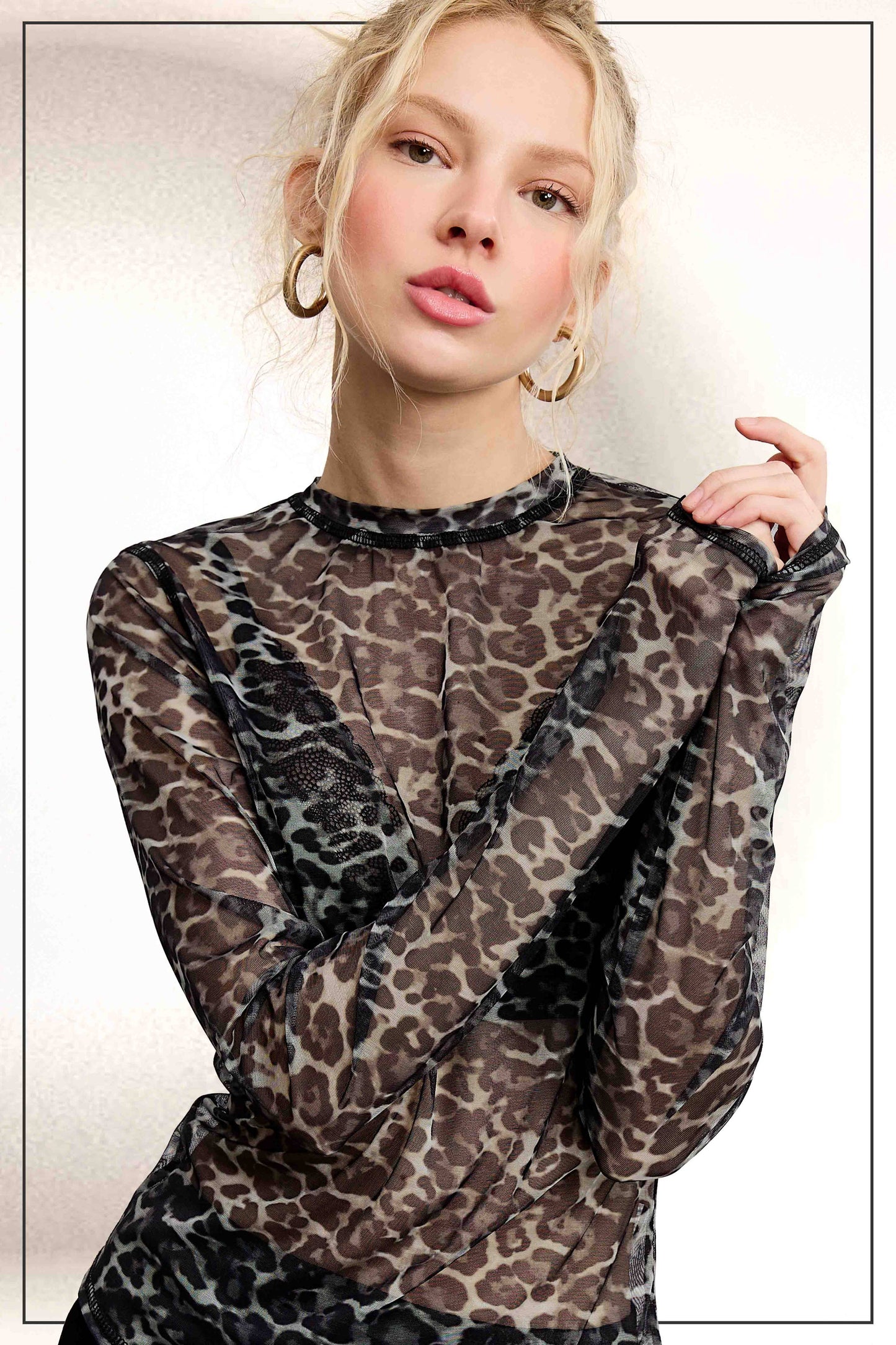 SemiSheer Leopard Crew Mock Neck Longsleeve Mesh Top