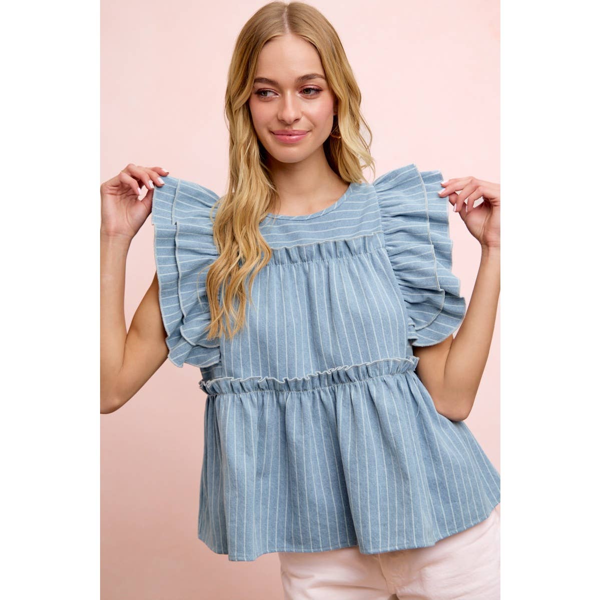 STRIPE DENIM RUFFLE SLEEVES TOP WITH BACK KEY HOLE