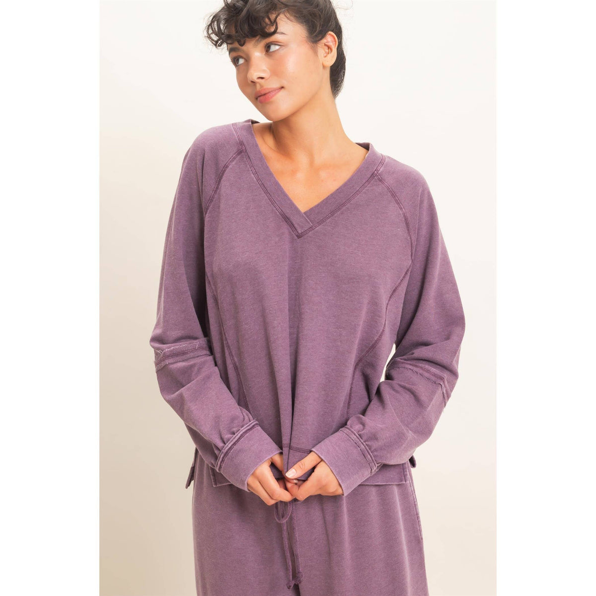 Mineral Wash V-Neck Seam Detail Sweatshirt