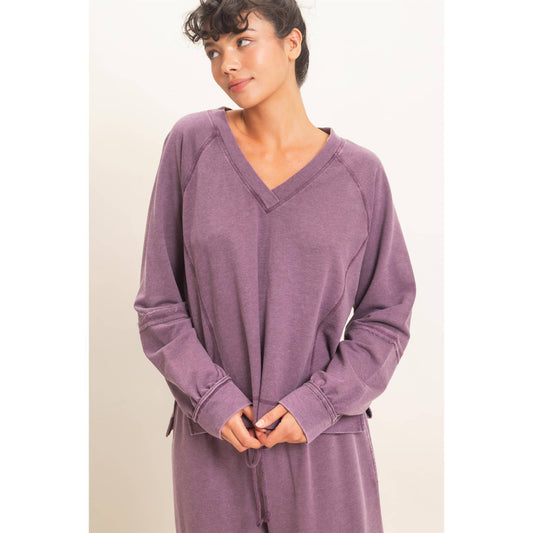 Mineral Wash V-Neck Seam Detail Sweatshirt