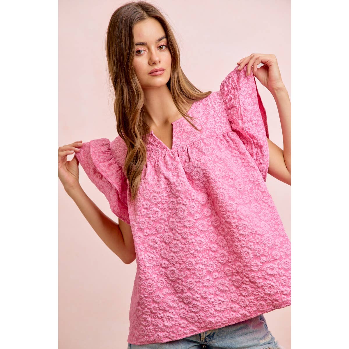FLOWER JACQUARD RUFFLED NECK DROP BLOUSE TOP