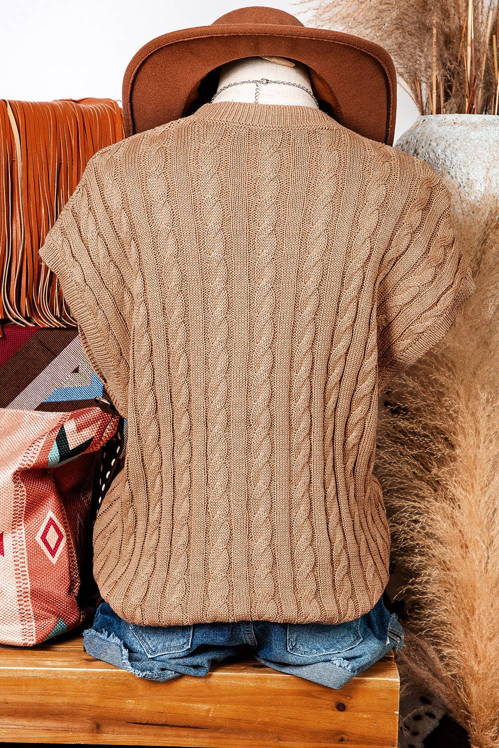 Fashion-W Crew Neck Cable Knit Short Sleeve Sweater