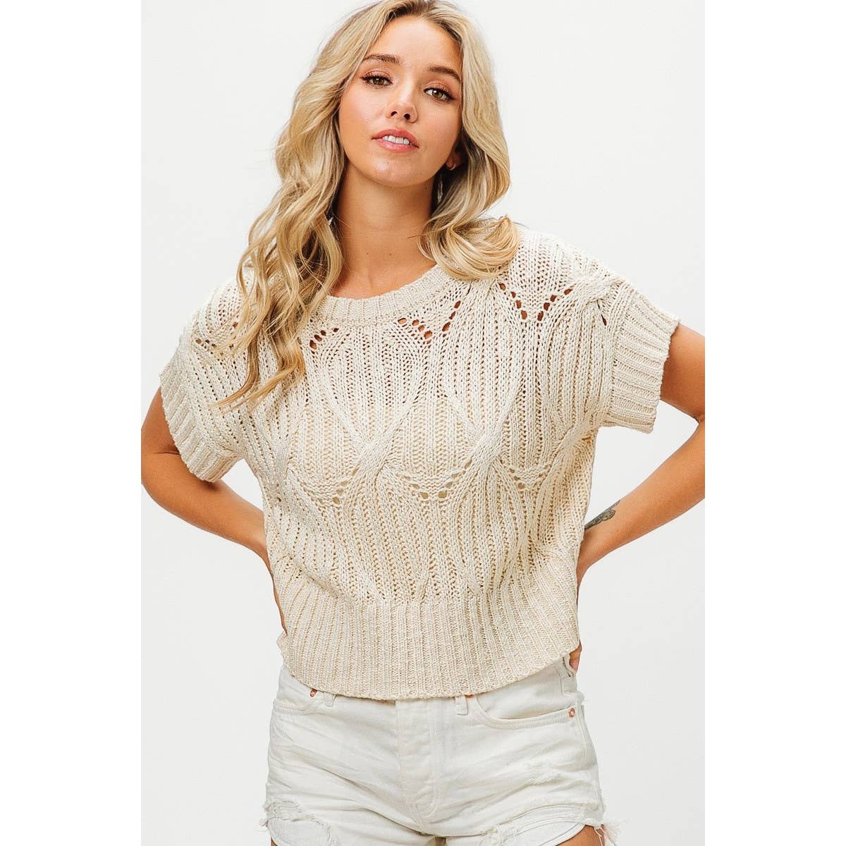 CABLE TEXTURE OPEN KNIT SWEATER TOP