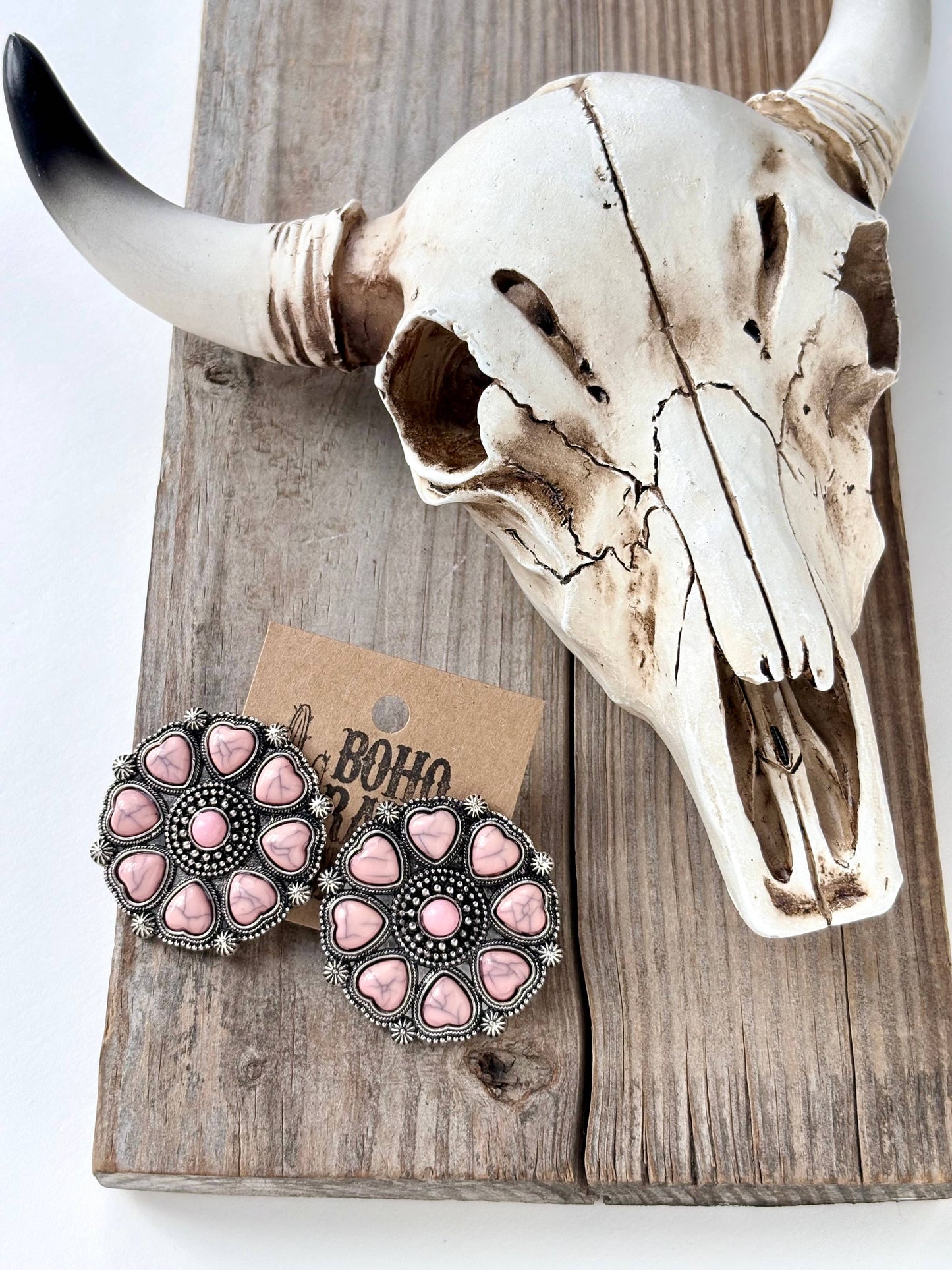 Western Style Heart Stone Concho Statement Stud Earrings