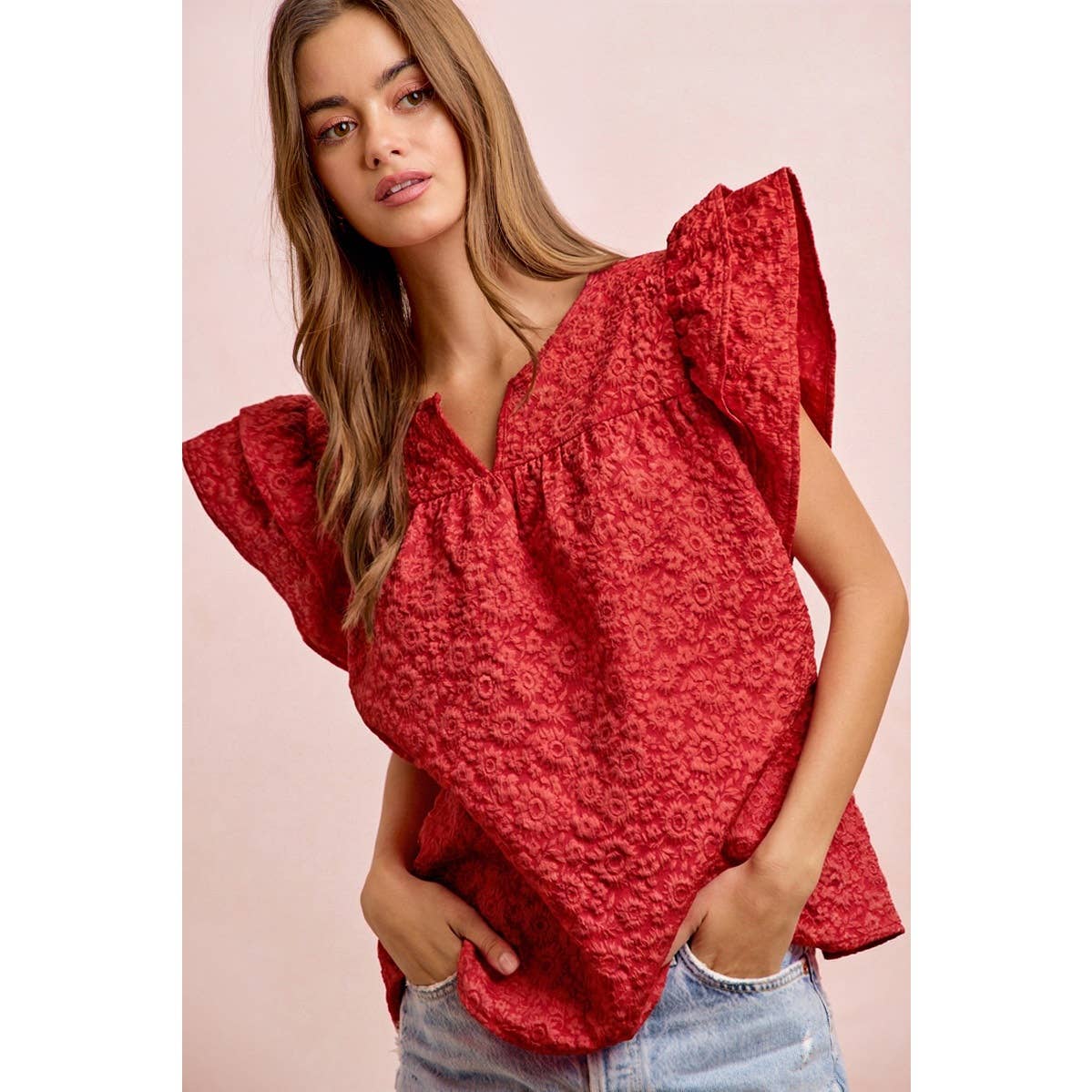 FLOWER JACQUARD RUFFLED NECK DROP BLOUSE TOP
