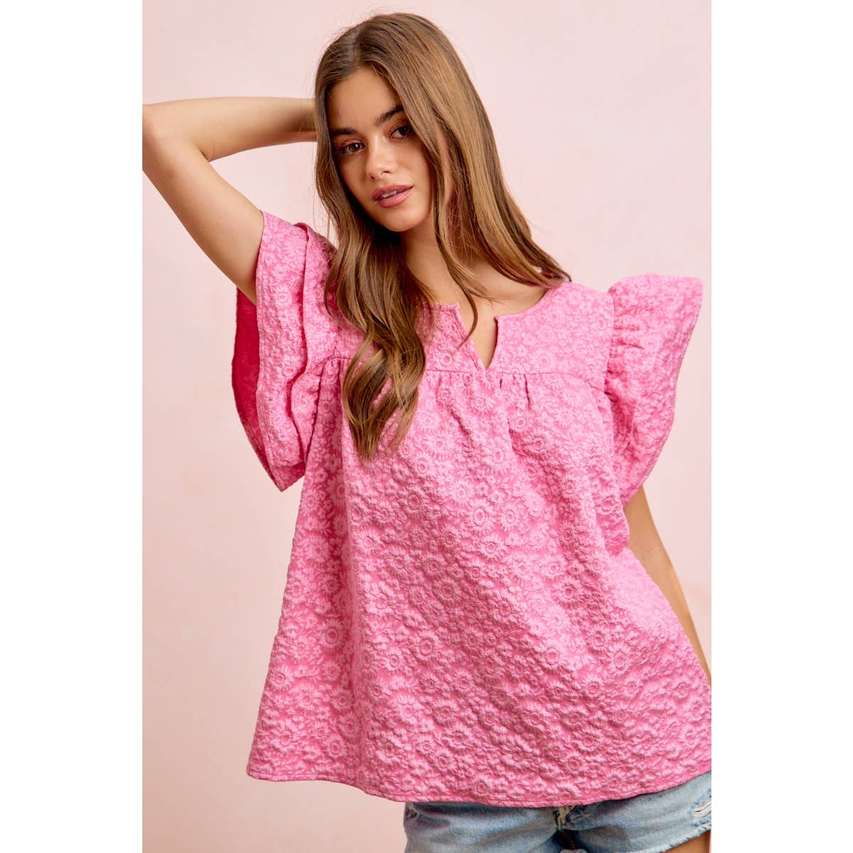 FLOWER JACQUARD RUFFLED NECK DROP BLOUSE TOP
