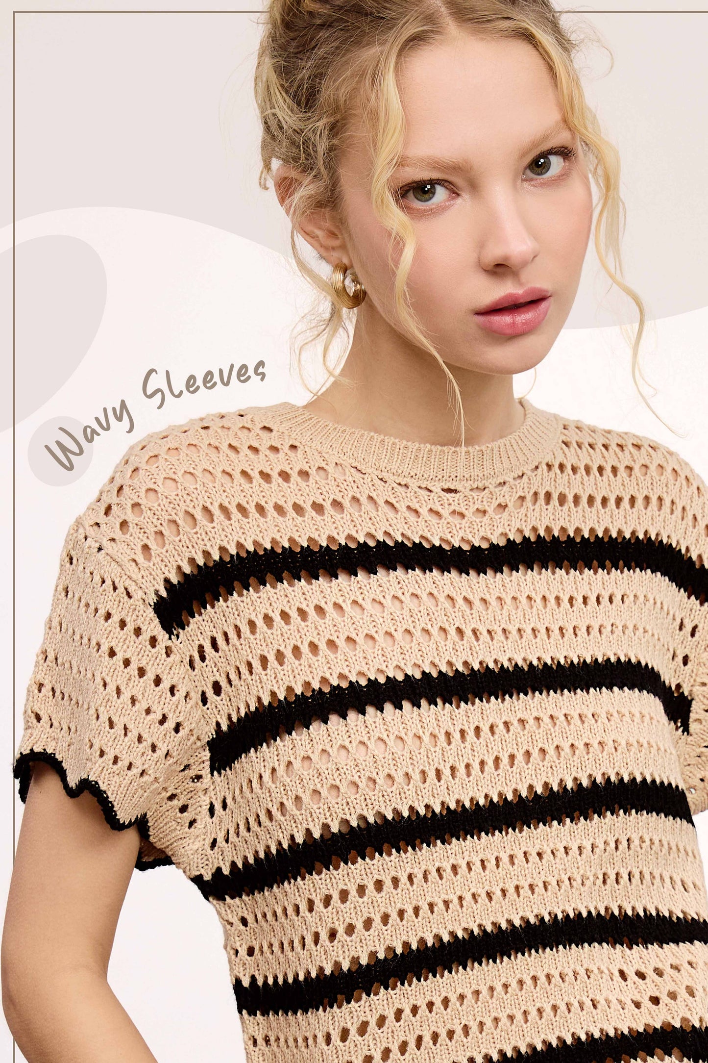 MDS3603-Round Neck Scalloped Edge Short Sleeve Sweater Easte