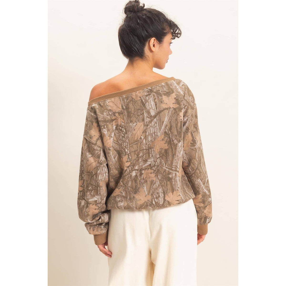Tree Camouflage Print Off The Shoulder Sweatshirt