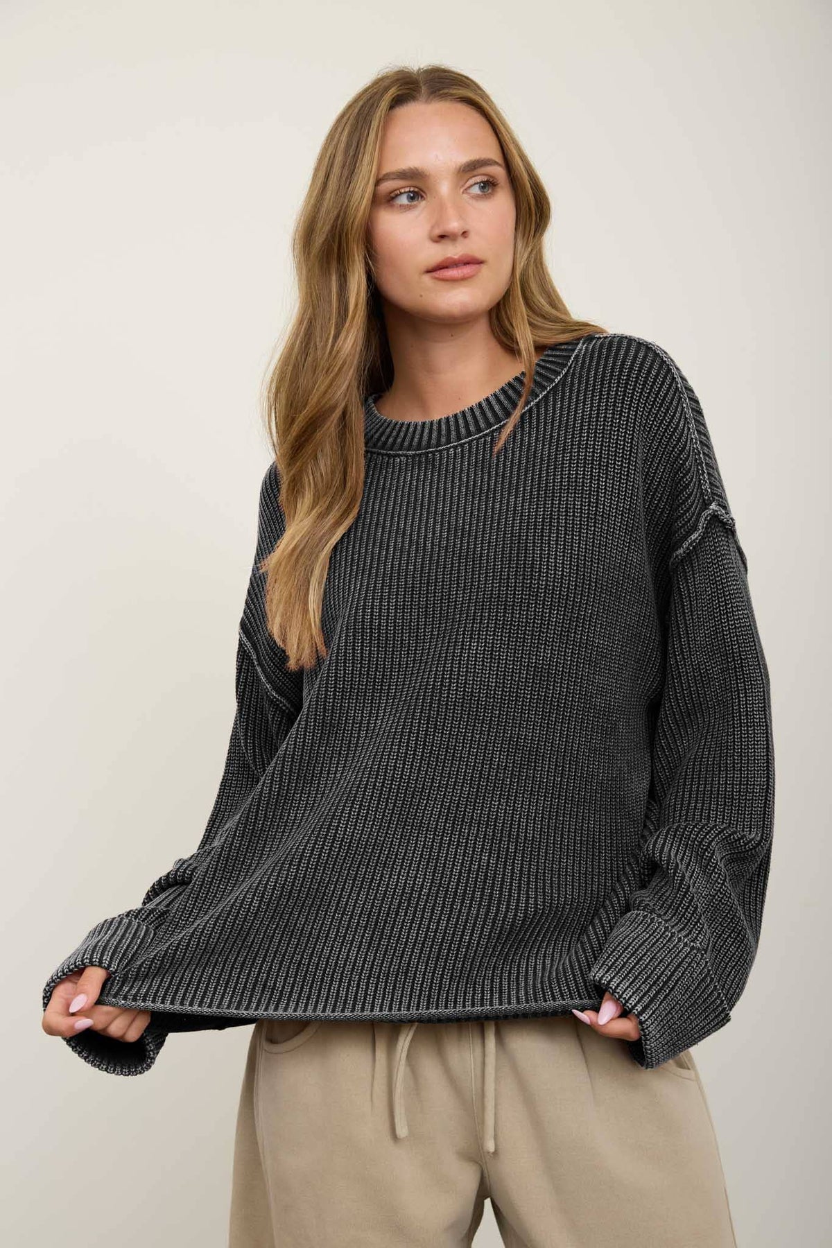 WASHED RIBBED LONG SLEEVE FOLDED CUFF KNIT SWEATER