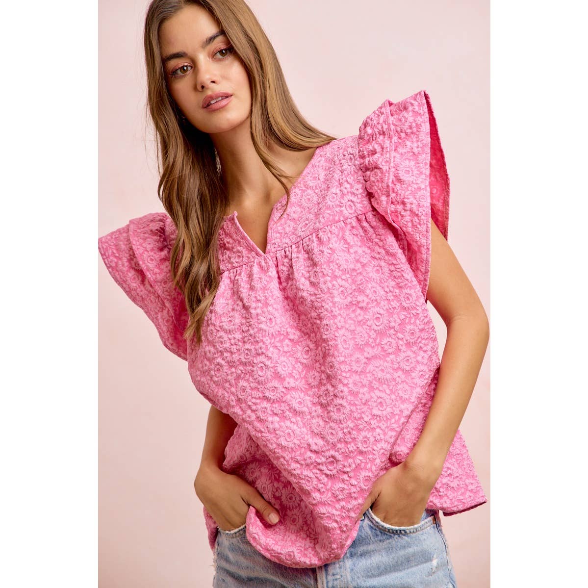 FLOWER JACQUARD RUFFLED NECK DROP BLOUSE TOP